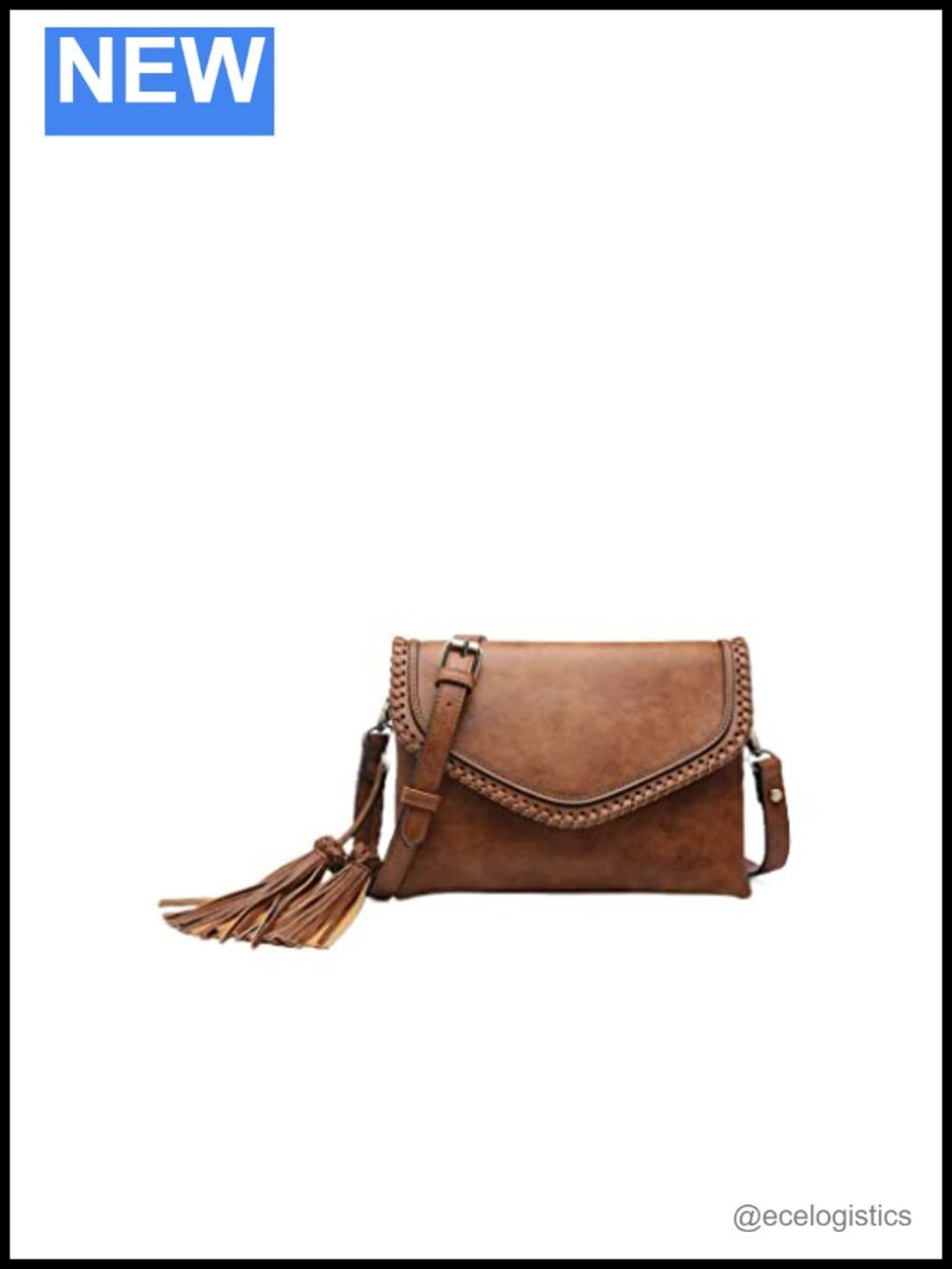 Vegan Leather Flapover Crossbody Bag with Whipstitch & Tassel